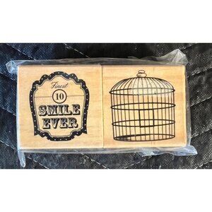 Vintage-Inspired Wooden Rubber Stamps - Finest Smile Ever & Birdcage Design (2PA